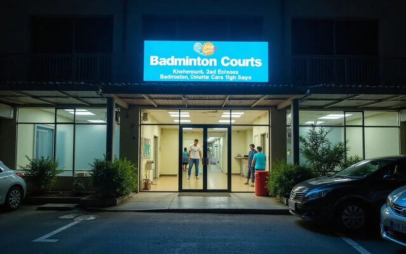 The exterior entrance of a 24-hour badminton court facility lit up at night with visible parking nearby