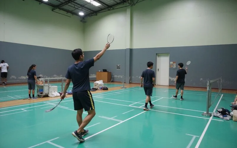 A budget-friendly community badminton hall in Kuala Lumpur with clean courts, simple functional facilities and players warming up before a session