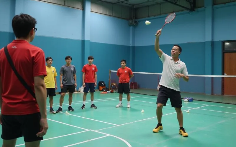 A badminton coach demonstrating a stroke technique to a small group class on an indoor court in Kuala Lumpur