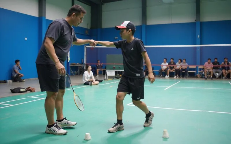 A badminton coach guiding a beginner student through a footwork drill on an indoor court