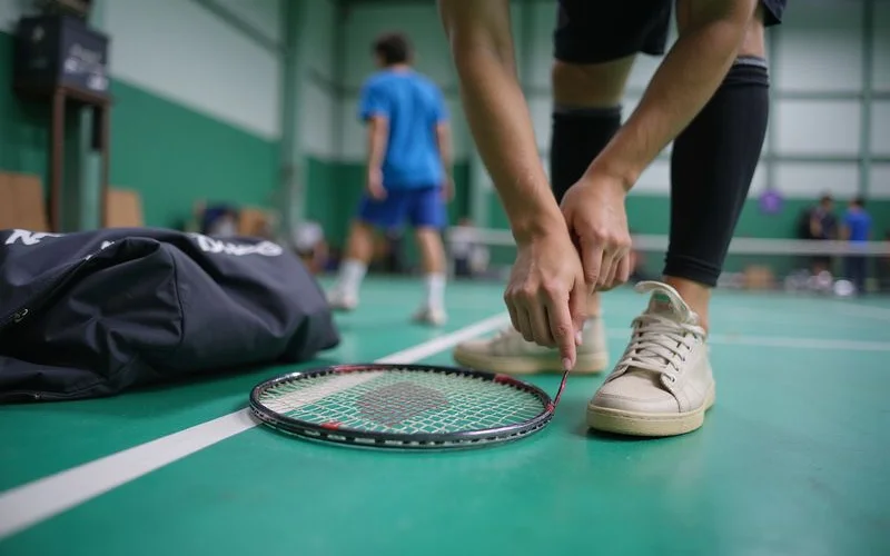 A badminton player checking the string tension of their racket by pressing on the string bed with a finger