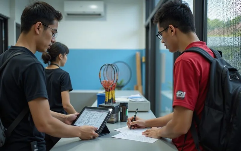 A badminton court booking counter in a Kuala Lumpur sports hall with a staff member checking a schedule on a tablet