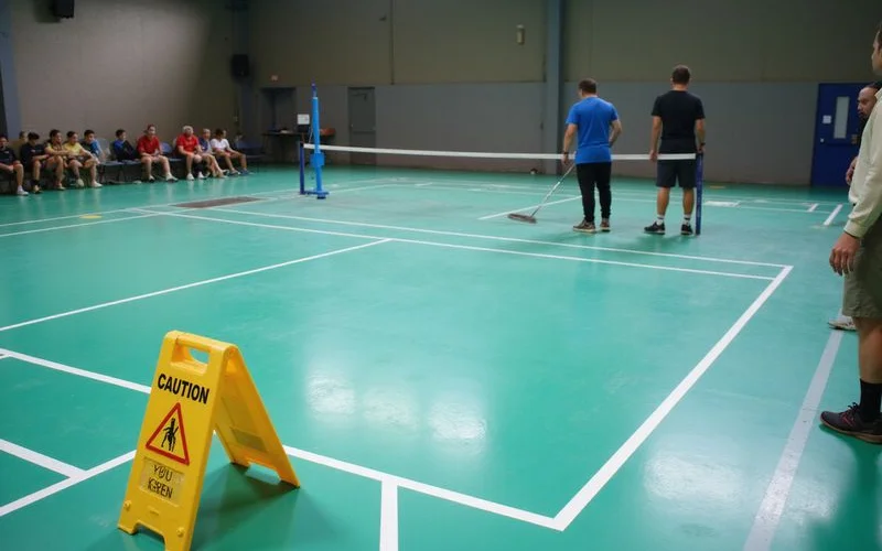 A badminton court with a visible caution sign near a section of the floor being cleaned or maintained