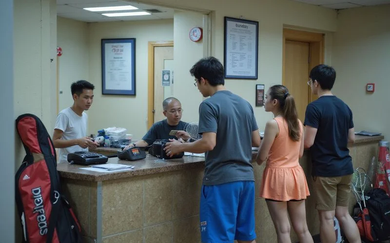 Players paying at a badminton court rental counter with a price list displayed on the wall behind them