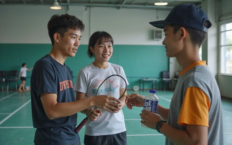 Two beginner players receiving a racket and shuttlecocks from a rental counter before their first badminton session