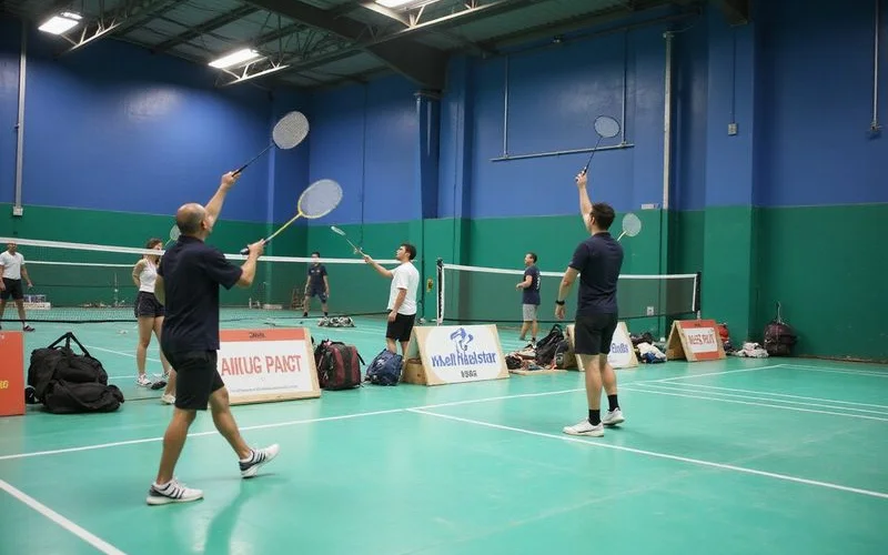 A group of colleagues playing doubles badminton across several courts booked together in a Kuala Lumpur sports hall