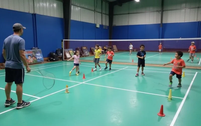 A group of children in a badminton coaching class practicing footwork drills under a coach's supervision