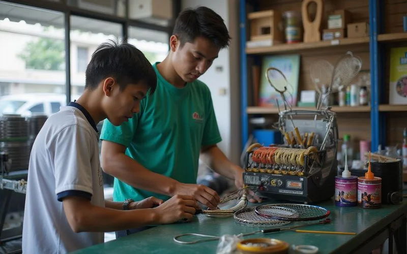 A pro shop technician stringing a badminton racket on a stringing machine in a Kuala Lumpur sports store