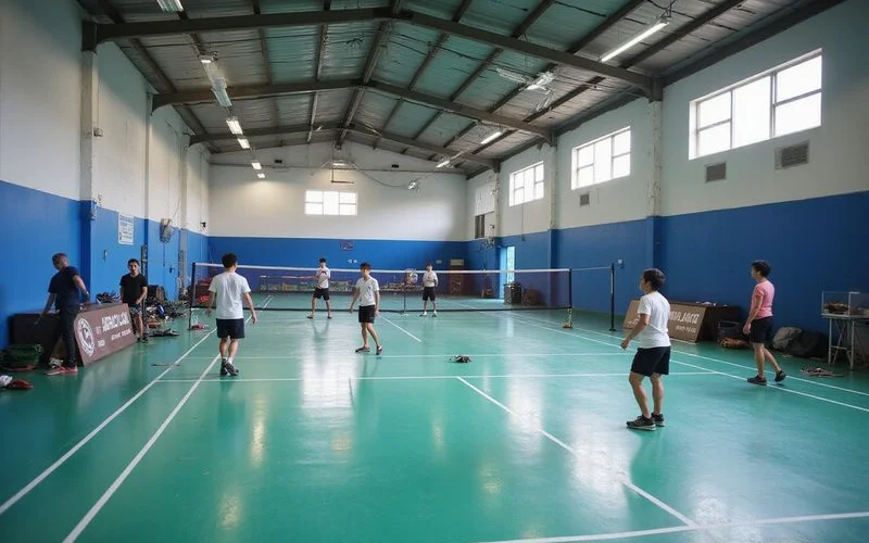 The interior of a spacious, well-ventilated badminton hall with high ceilings and visible air circulation vents